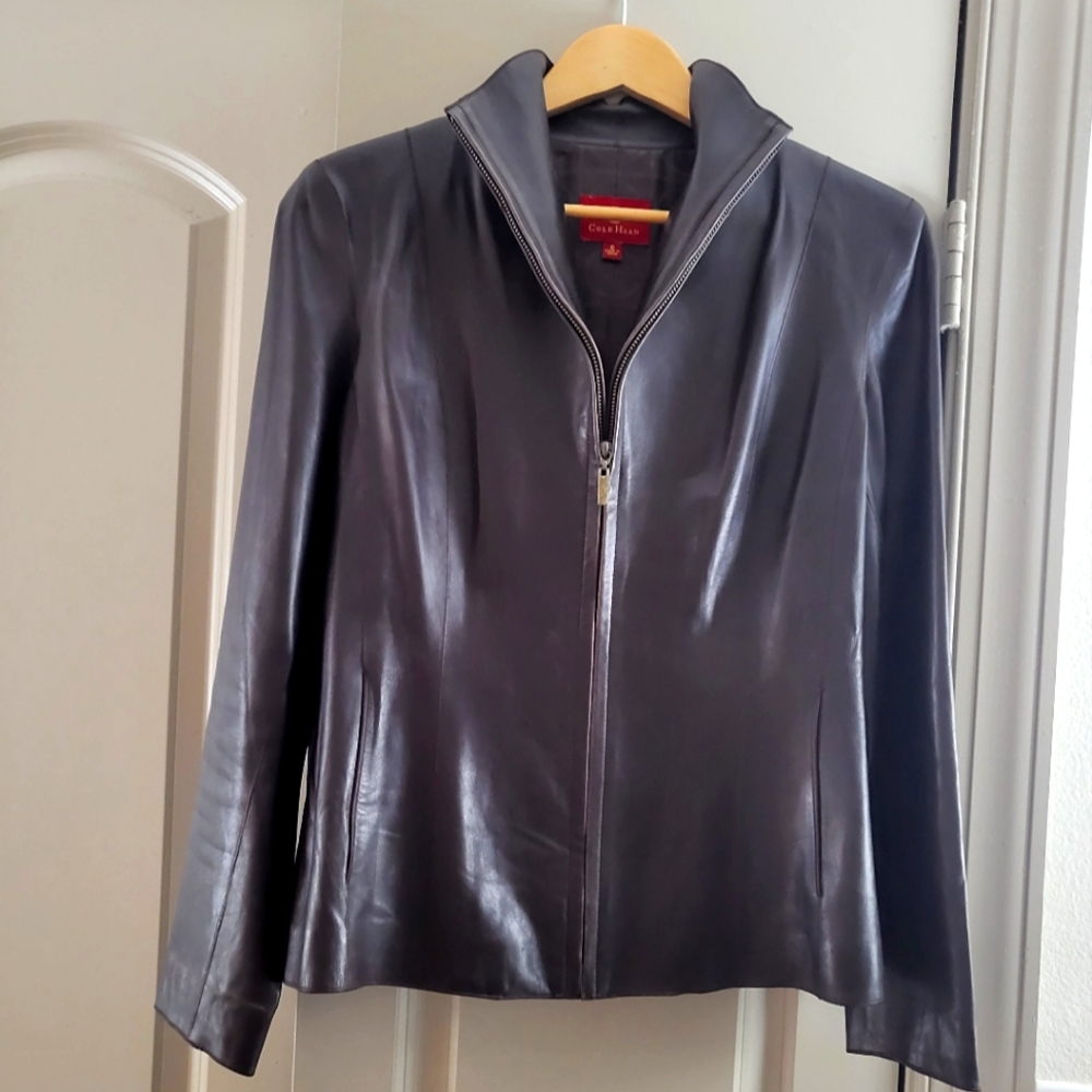 Cole Haan Lambskin Chocolate Leather Jacket 💯 BEAUTIFUL